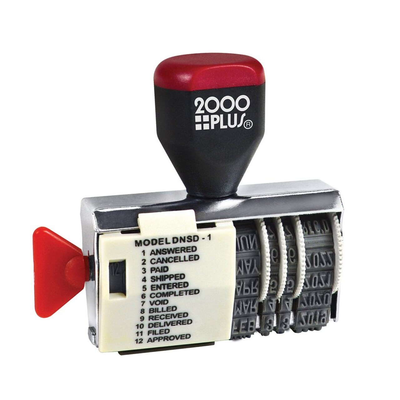 2000 PLUS Dater, Dial-n-Stamp, Traditional Style Stamp, 12-Messages, ANSWERED,CANCELLED, PAID, SHIPPED, ENTERED, COMPLETED, VOID, BILLED, RECEIVED, DELIVERED, FILED AND APPROVED, 1/8" x 1-1/2" impression size